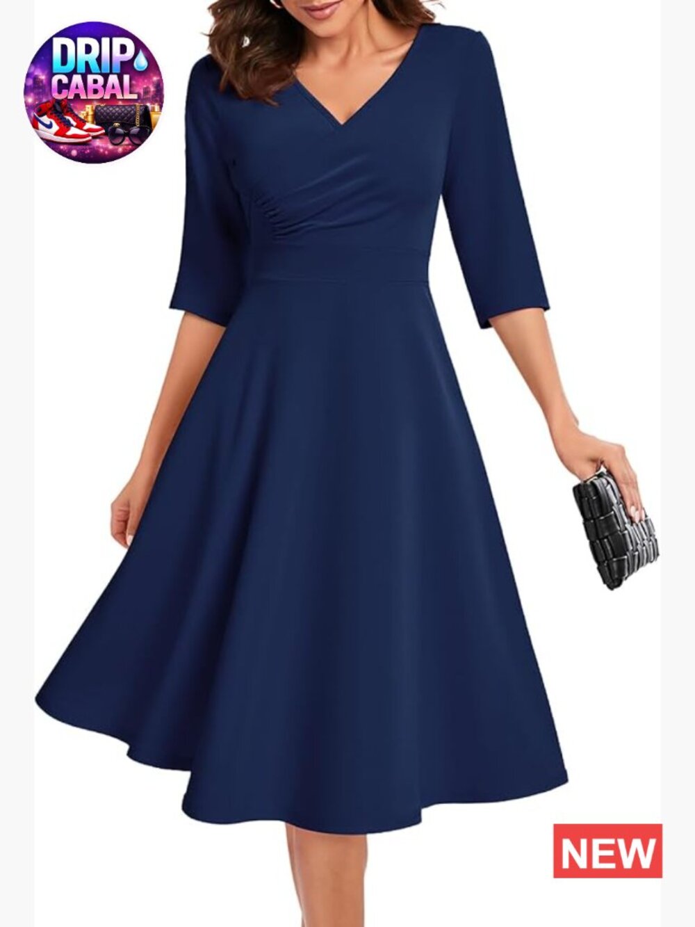 Polyester Spandex Midi Cocktail Dress V-Neck 3/4 Sleeve A-Line Formal